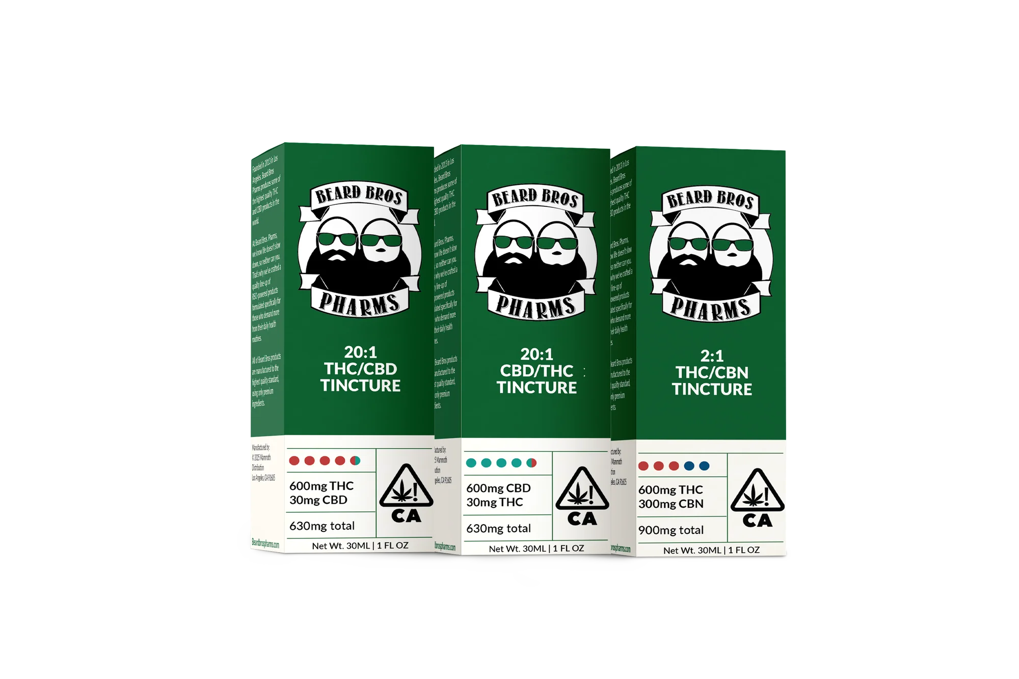 Three Beard Bros Pharms tincture cartons with THC, CBD, and CBN ratios.